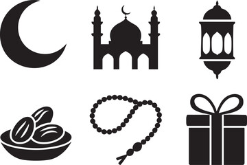 Islamic Holiday and Ramadan Icons Set Mosque Crescent Dates Lantern and Prayer Beads Vector