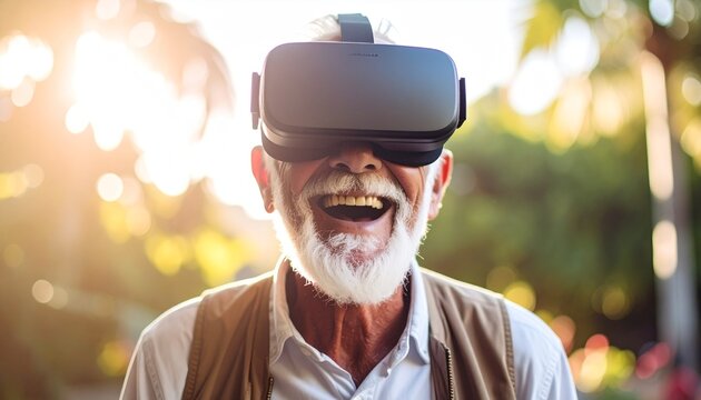 Happy senior experiencing virtual reality. An elderly man is wearing a VR headset, with a look of awe and amusement on his face