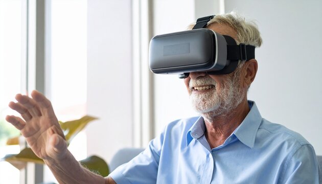 An elderly man wearing a VR headset, seemingly immersed in a virtual reality experience