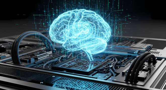 A glowing blue holographic brain model is superimposed over a complex circuit board, symbolizing artificial intelligence and advanced technology. - Powered by Adobe