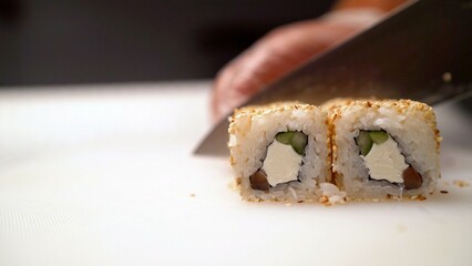 Chef slicing California sushi roll on cutting board