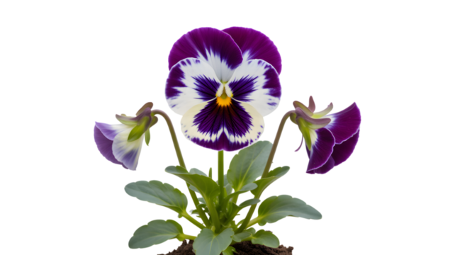 Vibrant purple and white pansy flower with green leaves against a dark background