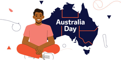 Naklejka premium Celebrating Australia Day Smiling Man Meditating Beside Australian Map Illustration, White Background, Geometric Shapes