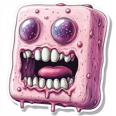 Sticker design of a pop surreal screaming candy bar ghost with jelly mouth and gumdrop teeth on white background, no person, no tattooed skin