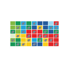 Solar panels arranged in a grid on colorful backgrounds.