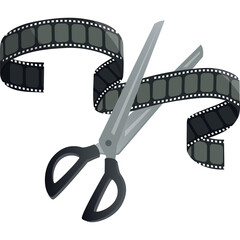 Pair Of Scissors Cutting Through A Roll Of Black And White Film Strip With A White Background And No People