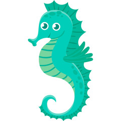 Cartoon Seahorse Illustration Ocean Creature Blue and Green Colors White Background