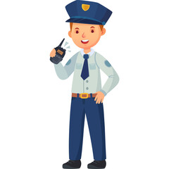 Cartoon Security Guard Character Holding Radio And Talking With Blue Cap And Uniform Smiling In A Studio Shot