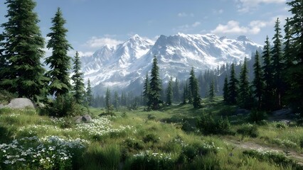 An alpine meadow with pine trees and a snow-capped mountain range in the distance. Concept Alpine Meadow, Pine Forest, Snow-Capped Mountains, Mountain Vista, Serene Landscape