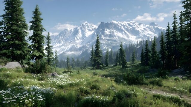 An alpine meadow with pine trees and a snow-capped mountain range in the distance. Concept Alpine Meadow, Pine Forest, Snow-Capped Mountains, Mountain Vista, Serene Landscape