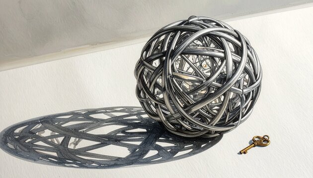 A detailed ink drawing of a complex knot made of fine, silver wire. The knot is perfectly spherical, representing the mind. Object: The wire is highly reflective, intricate, and impossible to untangle