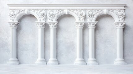Naklejka premium A row of elegant, white classical columns with ornate detailing against a neutral wall, showcasing architectural beauty and craftsmanship.