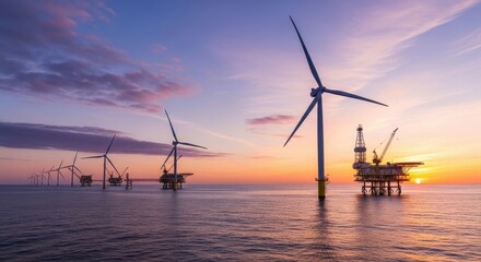 Wind Turbines Generating Power Over the Sea at Sunset