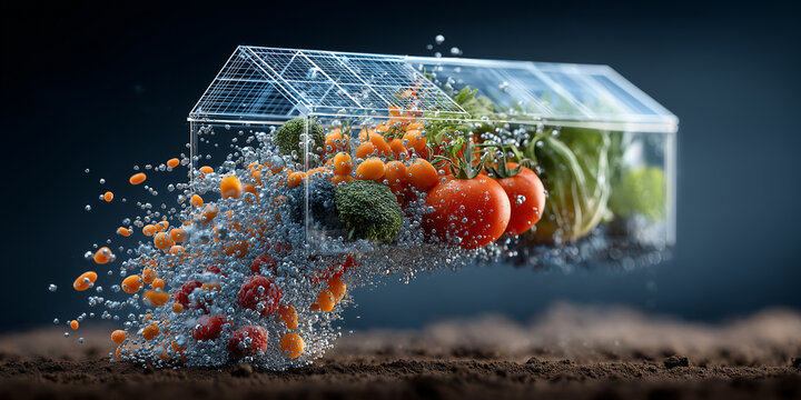 Futuristic greenhouse filled with fresh vegetables, including tomatoes and broccoli, appears to be floating above soil, symbolizing innovation in agriculture and food security - Powered by Adobe