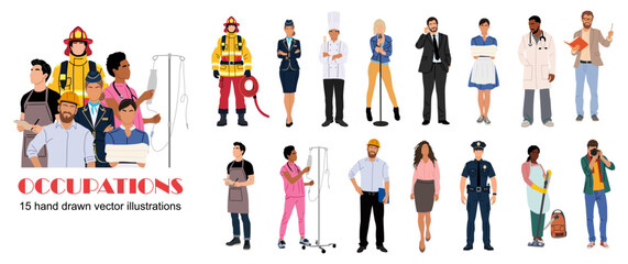 Flat minimalist vector set of diverse occupations including doctors, firefighters, chefs, office workers, police, and maintenance staff. Clean modern illustration with solid colors