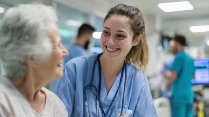 Smiling Nurse Interacting with Happy Elderly Patient in Hospital