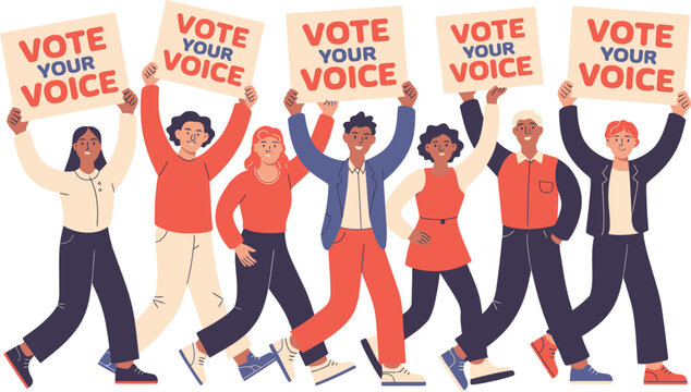 Diverse Group Marching with Vote Your Voice Signs, Encouraging Civic Engagement and Democratic Participation - Powered by Adobe