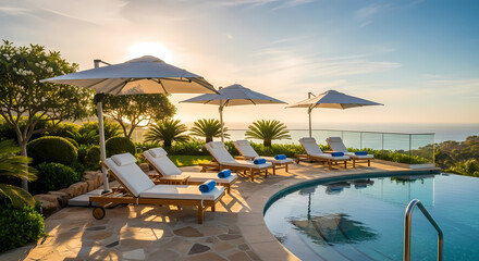 Luxurious infinity pool overlooking the ocean at sunset with lounge chairs and umbrellas, surrounded by lush green plants.