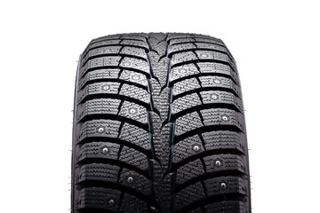 Winter studded tire details close-up. Front view, isolate on a white background. A mock-up for the sale of winter tires with seasonal design changes