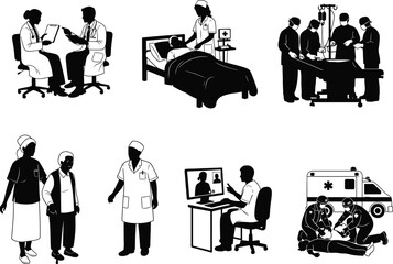 Healthcare and medical vector illustration set, doctor consultation, surgery operation, nurse care, telemedicine, emergency ambulance, patient treatment, hospital staff silhouette icons © SreeShontusChandra