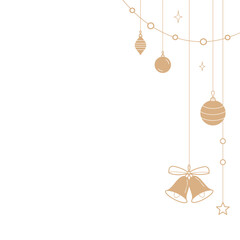 Christmas corner frame with Christmas tree toys in gold color.  Christmas decorations on a white background for cards, flyers.