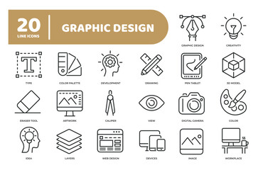 Set of collection line icons related graphic design. Editable stroke. Perfect pixel on transparent background