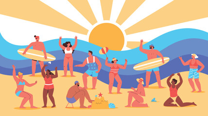 Fototapeta premium Diverse People Enjoying Sunny Beach Day Surfers, Sandcastles, and Summer Fun Illustration