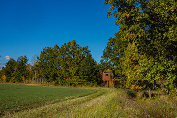 Autumn landscape with a hunting tower in the middle of the field