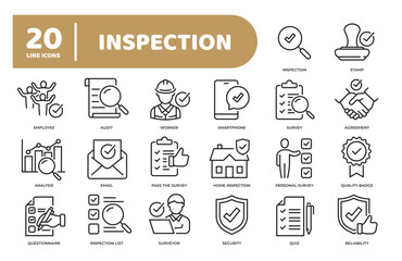 Set of collection line icons related inspection, survey. Editable stroke. Perfect pixel on transparent background