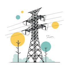 An illustration of a tall transmission tower with power lines stretching across a stylized landscape.