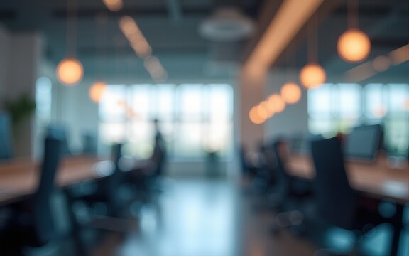 Blurred image of modern office interior with bokeh lights. High quality