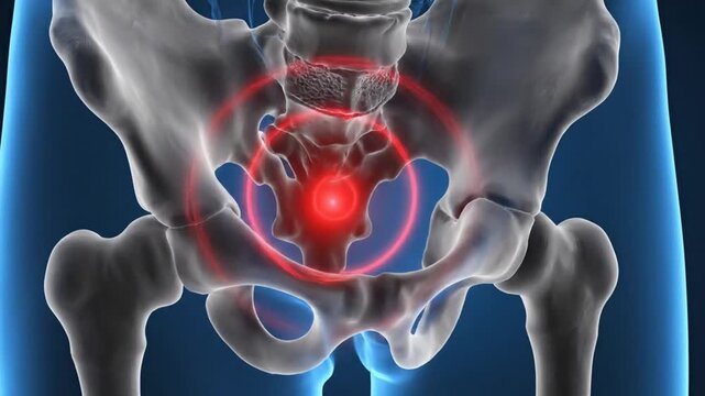 3D Human Pelvis and Hip Joint Anatomy with Highlighted Pain Area.