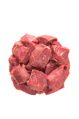 This display features fresh, cut pieces of red meat isolated on a clean white background, ideal for food presentation and culinary design.