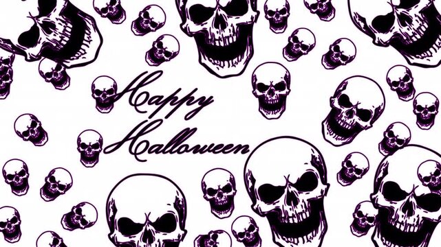 Spooky skulls float among pumpkins in a halloween pattern of haunted beauty, perfect for digital animation loops, festive motion graphics, eerie branding, and dark design templates