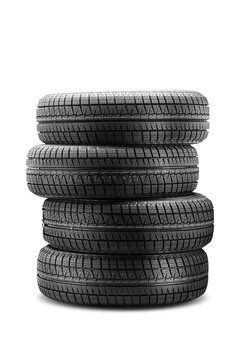 Four high-quality winter tires are stacked together on a clean white background, suitable for automotive enthusiasts or tire retailers looking for reliable products.