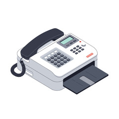 A vintage fax machine with a telephone handset and paper output tray.