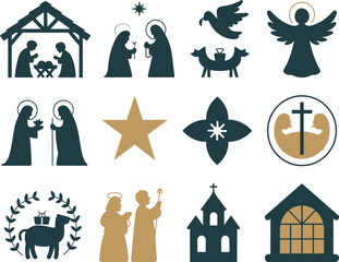 Classic nativity scene icons religious symbols christmas story celebration festive elements collection