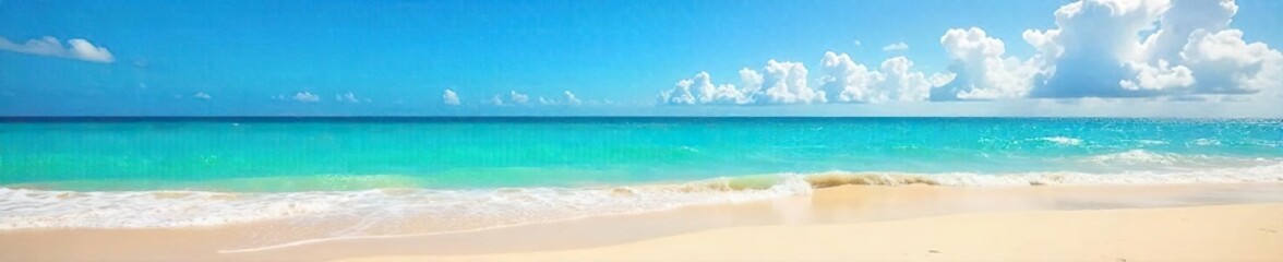 Fototapeta premium Idyllic Tropical Beach Golden Sand, Turquoise Ocean, Vibrant Blue Sky. Perfect for summer vacation imagery, travel brochures, websites, and relaxing beach scene backgrounds.