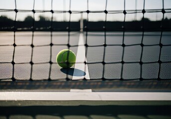 Bright tennis ball on sunlit court, framed by net, poised for spirited game