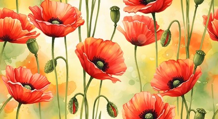 Obraz premium Vibrant watercolor poppy field illustration with vivid red flowers, buds, and green stems. Floral design