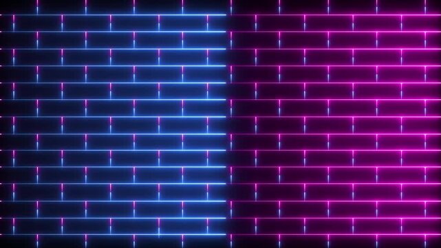 glowing Neon lines brick wall on black background. abstract neon line texture of brick wall. neon line brick wall. 4k motion graphics video.