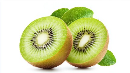Fototapeta premium Fresh kiwi halves with green leaves displaying vibrant color and juicy texture