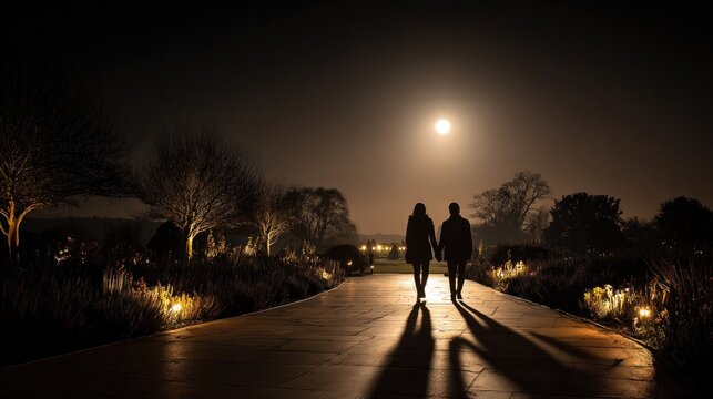 couple strolls through serene garden under glowing moon, creatin