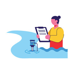 Person testing water quality with a device and clipboard.