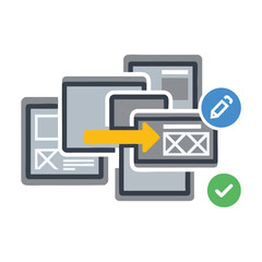 Obraz premium of a workflow process with web page layouts, an edit icon, and a checkmark.
