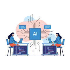 Two people working on laptops with AI chip in center