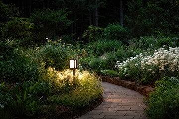 Pathway illuminated by soft light, surrounded by lush greenery a