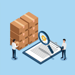 Detailed inspection of stacked storage boxes with a magnifying glass and checklist.