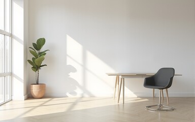 White and wooden open space office interior with mock up wall. High quality