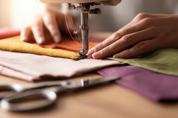 Hands skillfully sewing vibrant fabric pieces together, creating